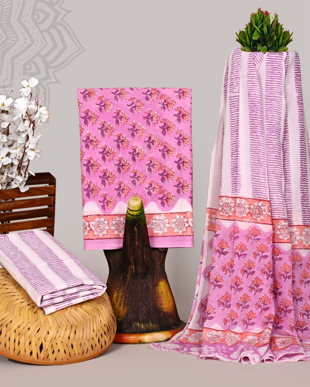 Pink Floral Hand Block Printed Cotton Suit Set with Green Mulmul Dupatta