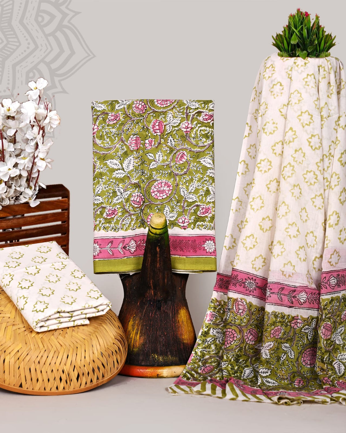 Pink Floral Hand Block Printed Cotton Suit Set with Green Mulmul Dupatta