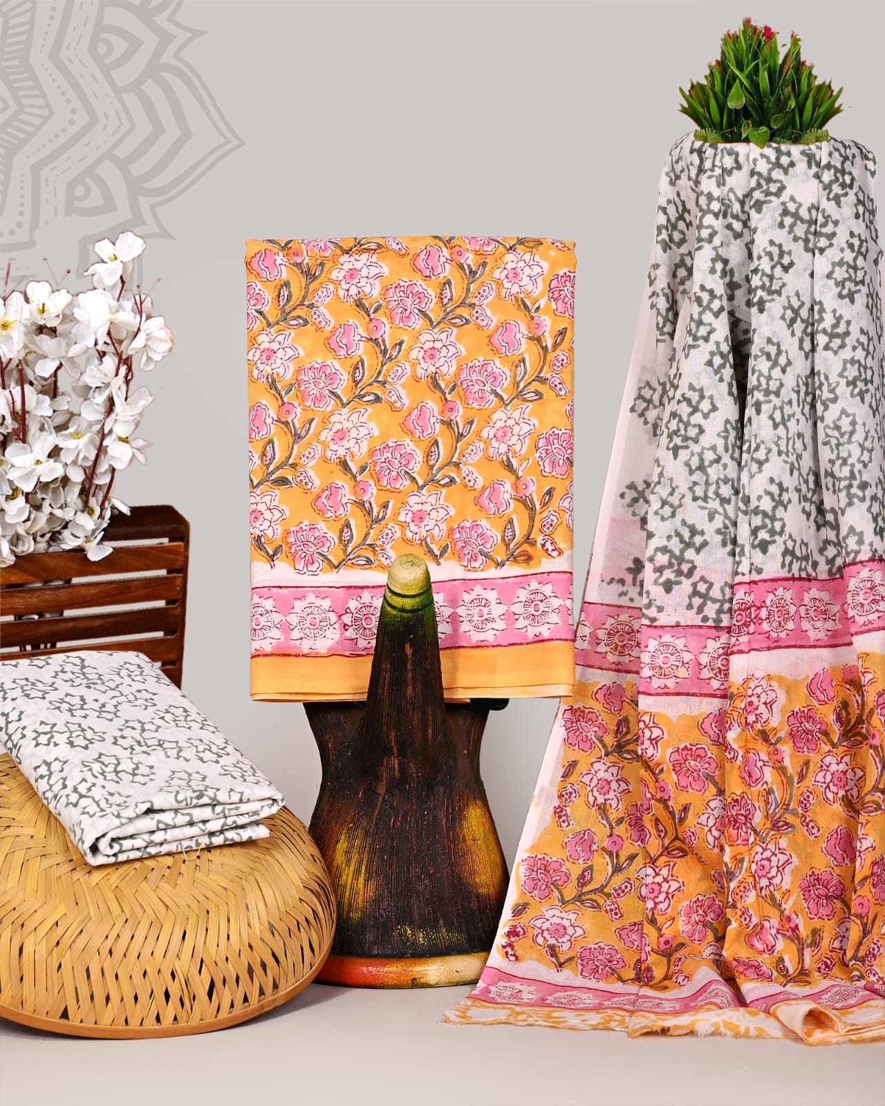 Pink Floral Hand Block Printed Cotton Suit Set with Green Mulmul Dupatta