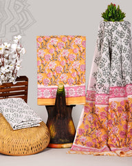 Pink Floral Hand Block Printed Cotton Suit Set with Green Mulmul Dupatta