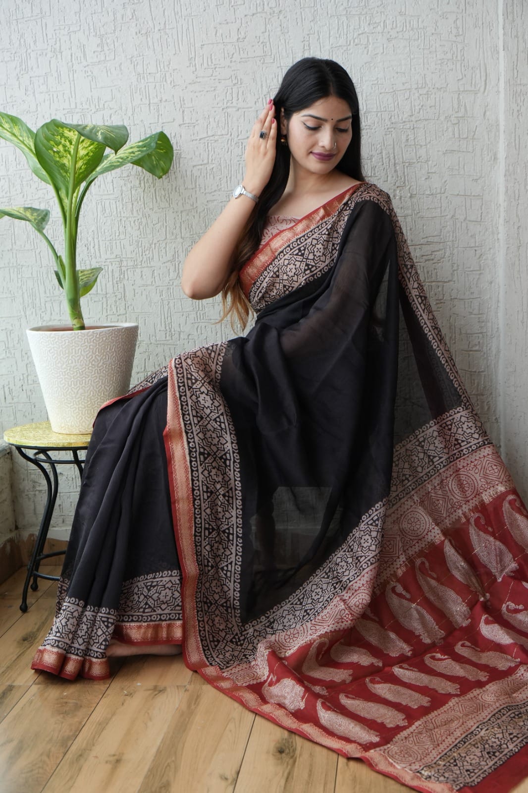 Bagru Hand Block Print Maheshwari Silk Saree