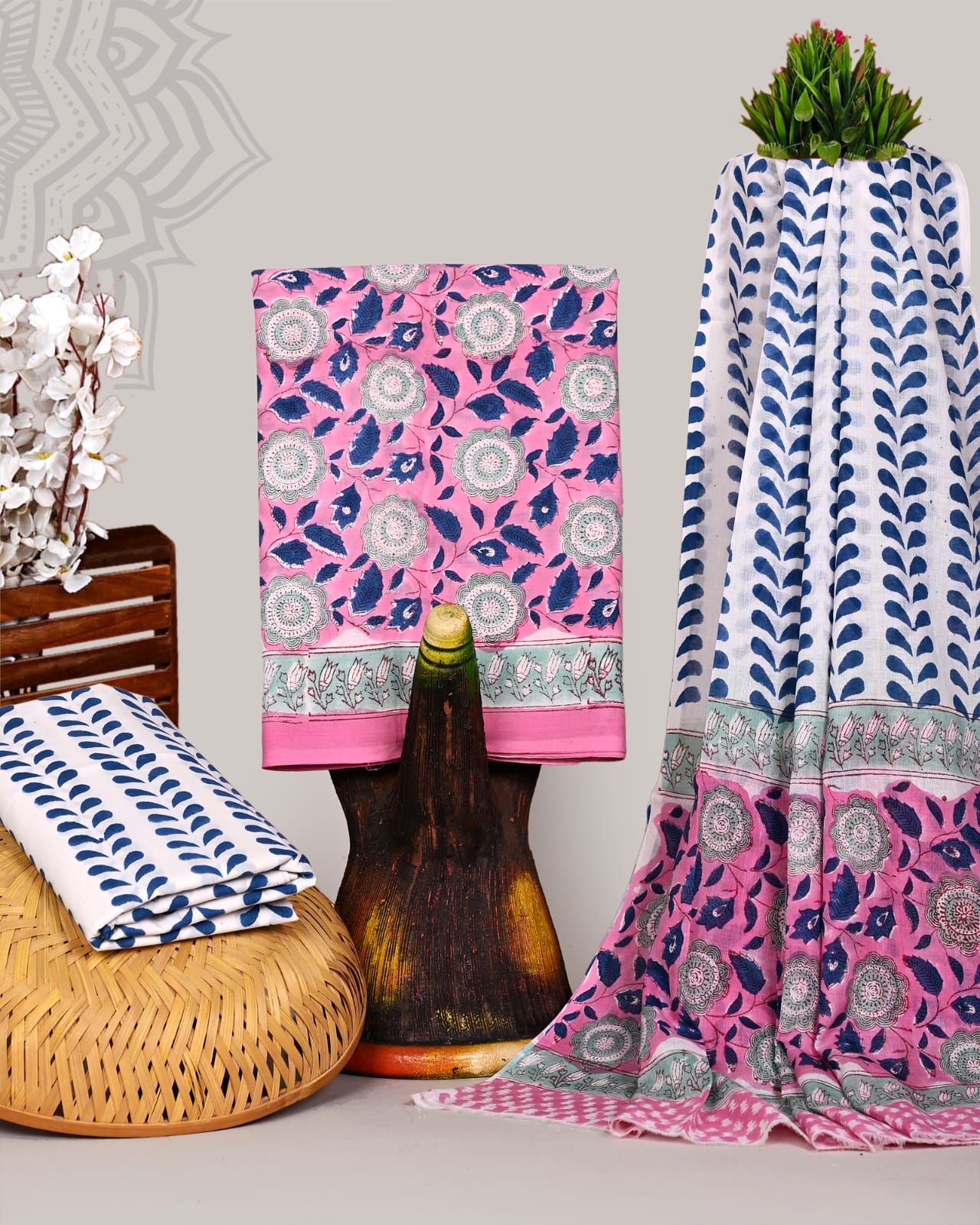 Pink Floral Hand Block Printed Cotton Suit Set with Green Mulmul Dupatta