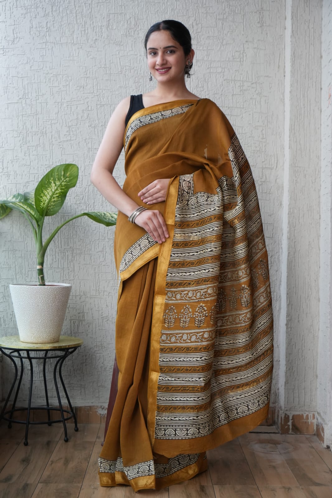 Bagru Hand Block Print Maheshwari Silk Saree