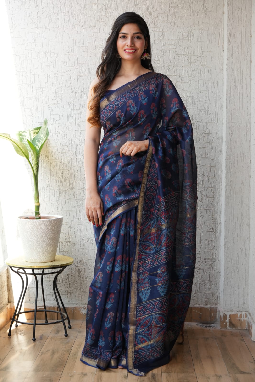 Bagru Hand Block Print Maheshwari Silk Saree