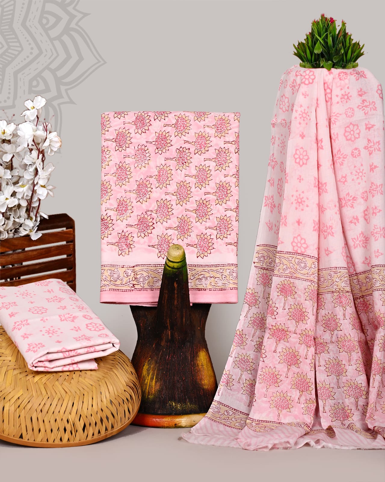 Pink Floral Hand Block Printed Cotton Suit Set with Green Mulmul Dupatta