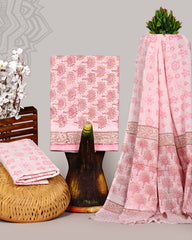 Pink Floral Hand Block Printed Cotton Suit Set with Green Mulmul Dupatta