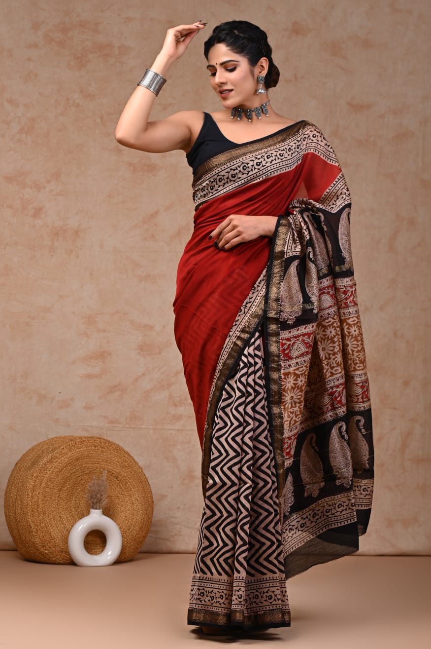Bagru Hand Block Print Maheshwari Silk Saree