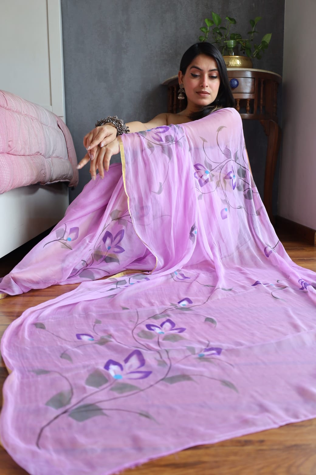 Hand Brush Painted Chiffon Saree with Blouse