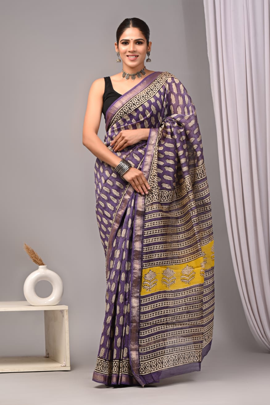 Bagru Hand Block Print Maheshwari Silk Saree