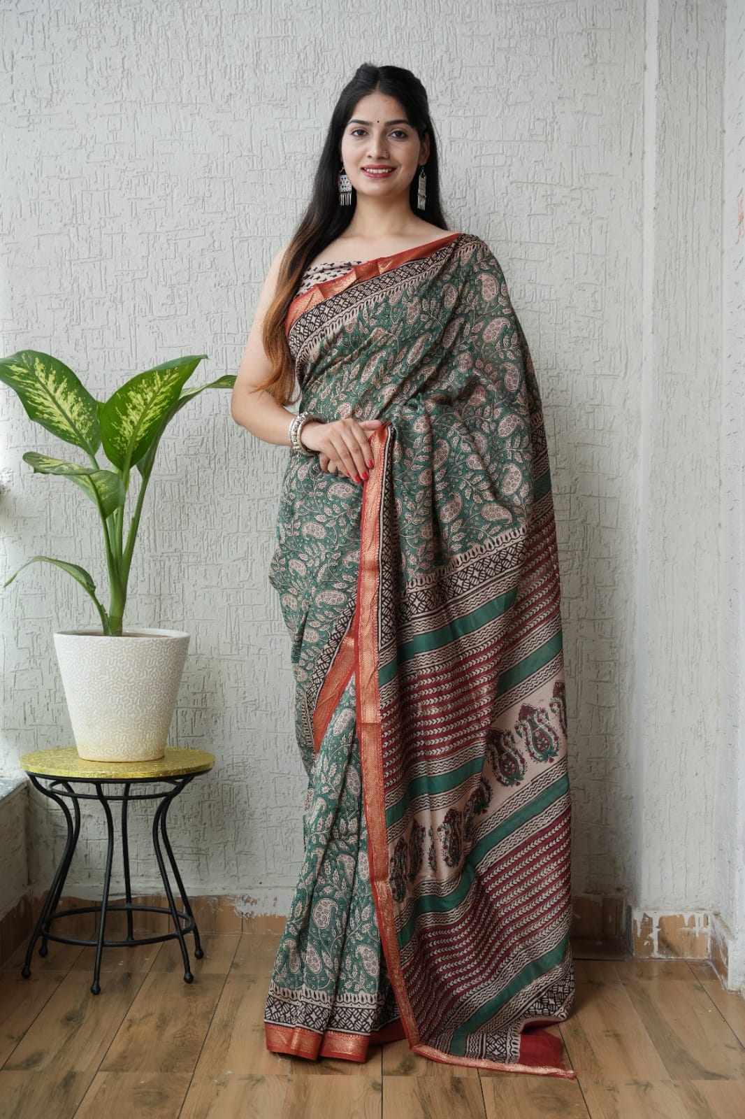 Bagru Hand Block Print Maheshwari Silk Saree