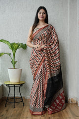 Bagru Hand Block Print Maheshwari Silk Saree