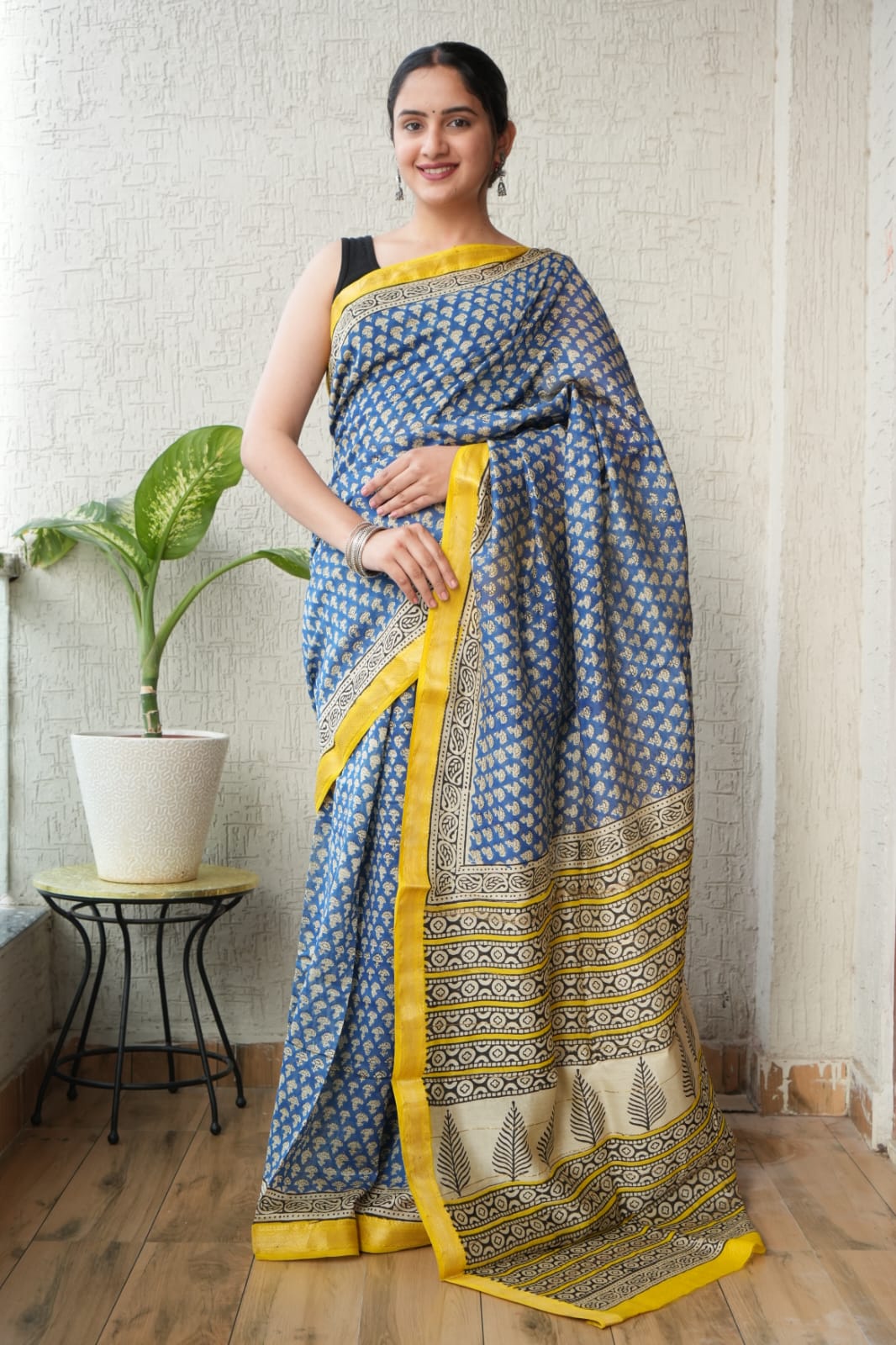 Bagru Hand Block Print Maheshwari Silk Saree