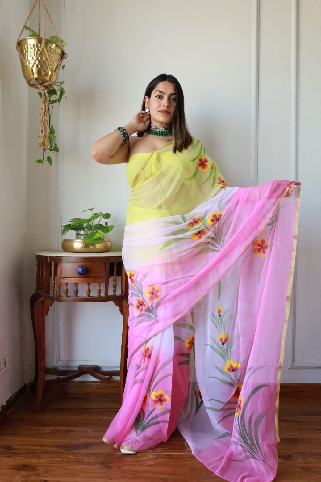 Hand Brush Painted Chiffon Saree with Blouse