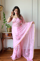 Hand Brush Painted Chiffon Saree with Blouse