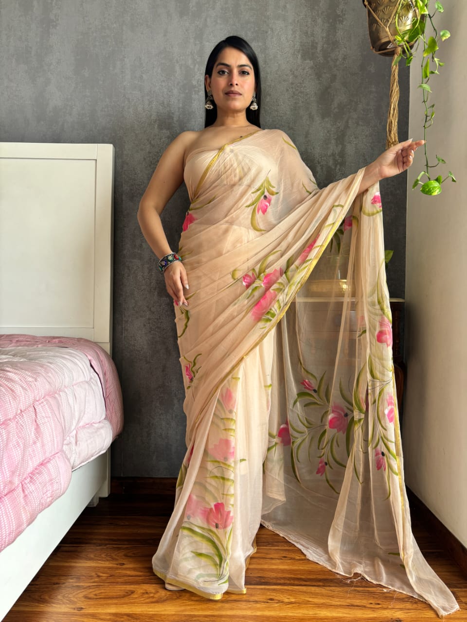 Hand Brush Painted Chiffon Saree with Blouse