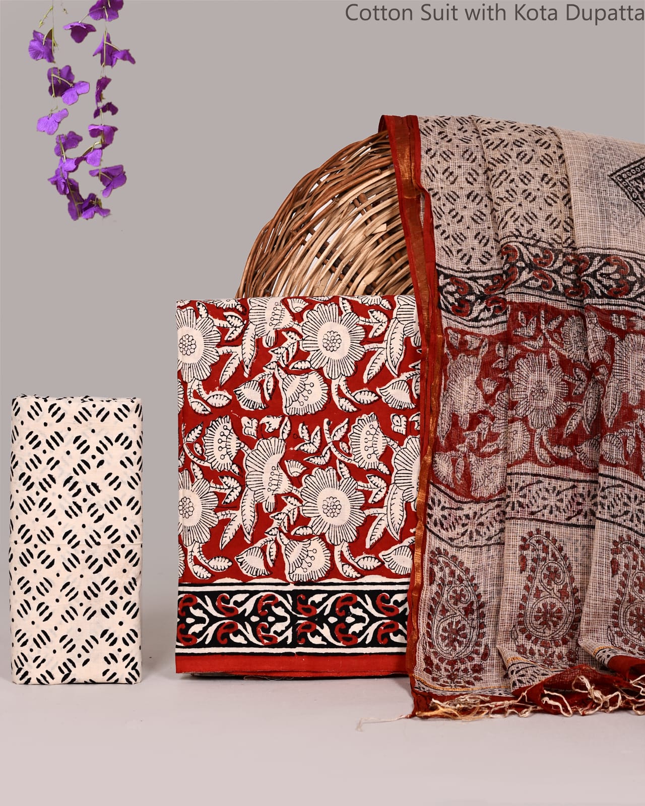 Scarlet Floral Grace Cotton Suit with Kota Doriya Dupatta