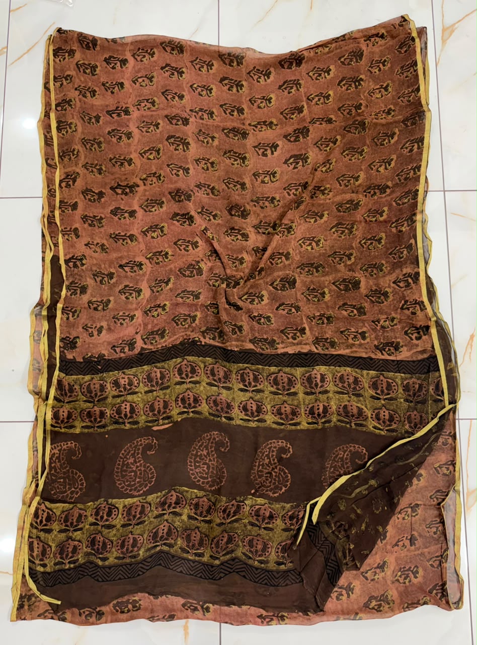 Pure Hand Block Printed Double Diamond Chiffon Saree DCS12