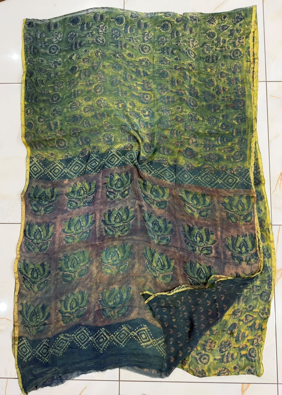 Pure Hand Block Printed Double Diamond Chiffon Saree DCS07