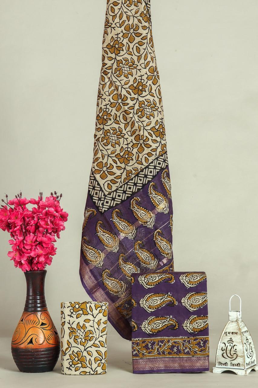 Hand block printed maheshwari silk suit with silk duppata ms24