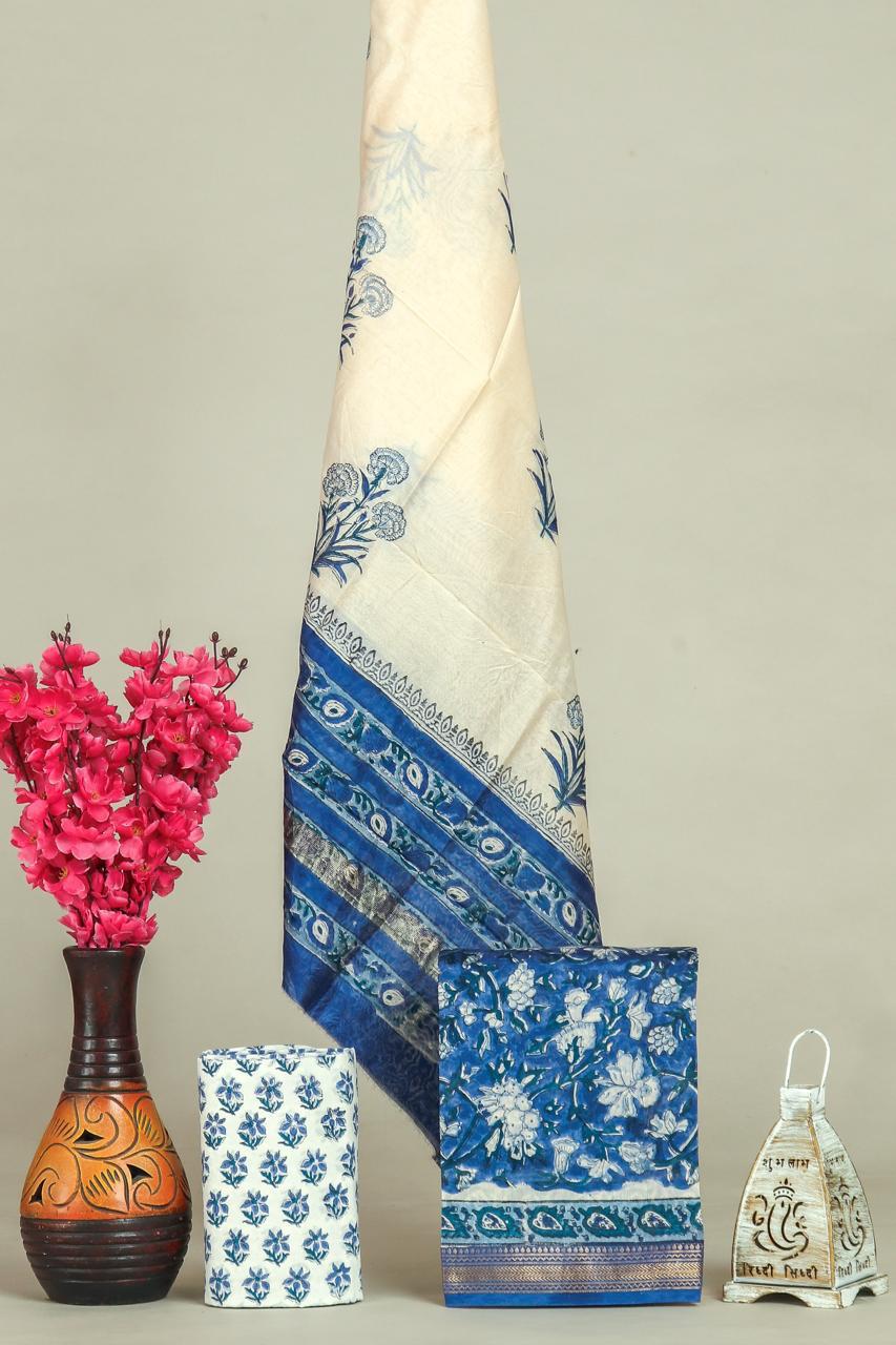 Hand block printed maheshwari silk suit with silk duppata ms03