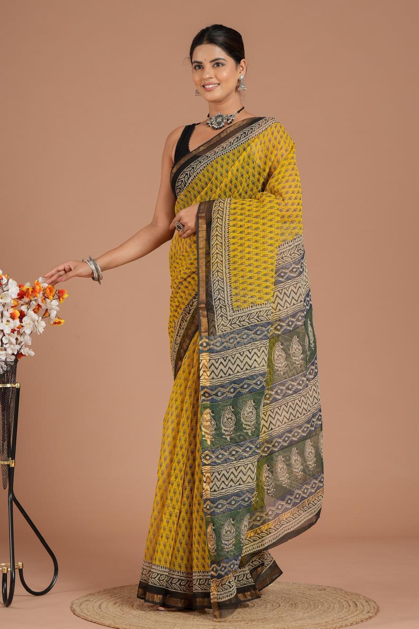Hand Block Printed Kota Doriya Saree 14