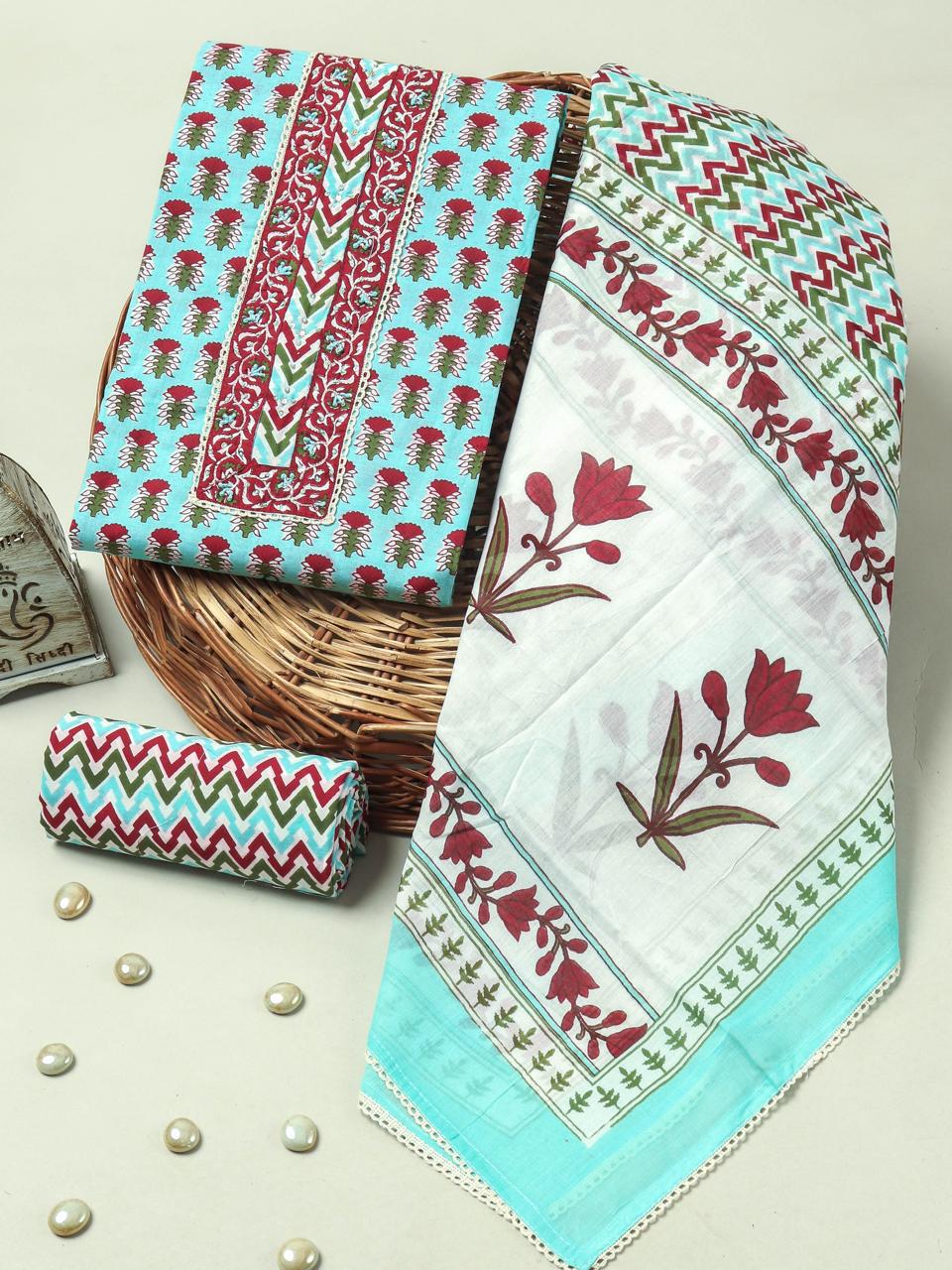 Handblock Print Gotta tye neck work Cotton Suit with Cotton Dupatta GCS07