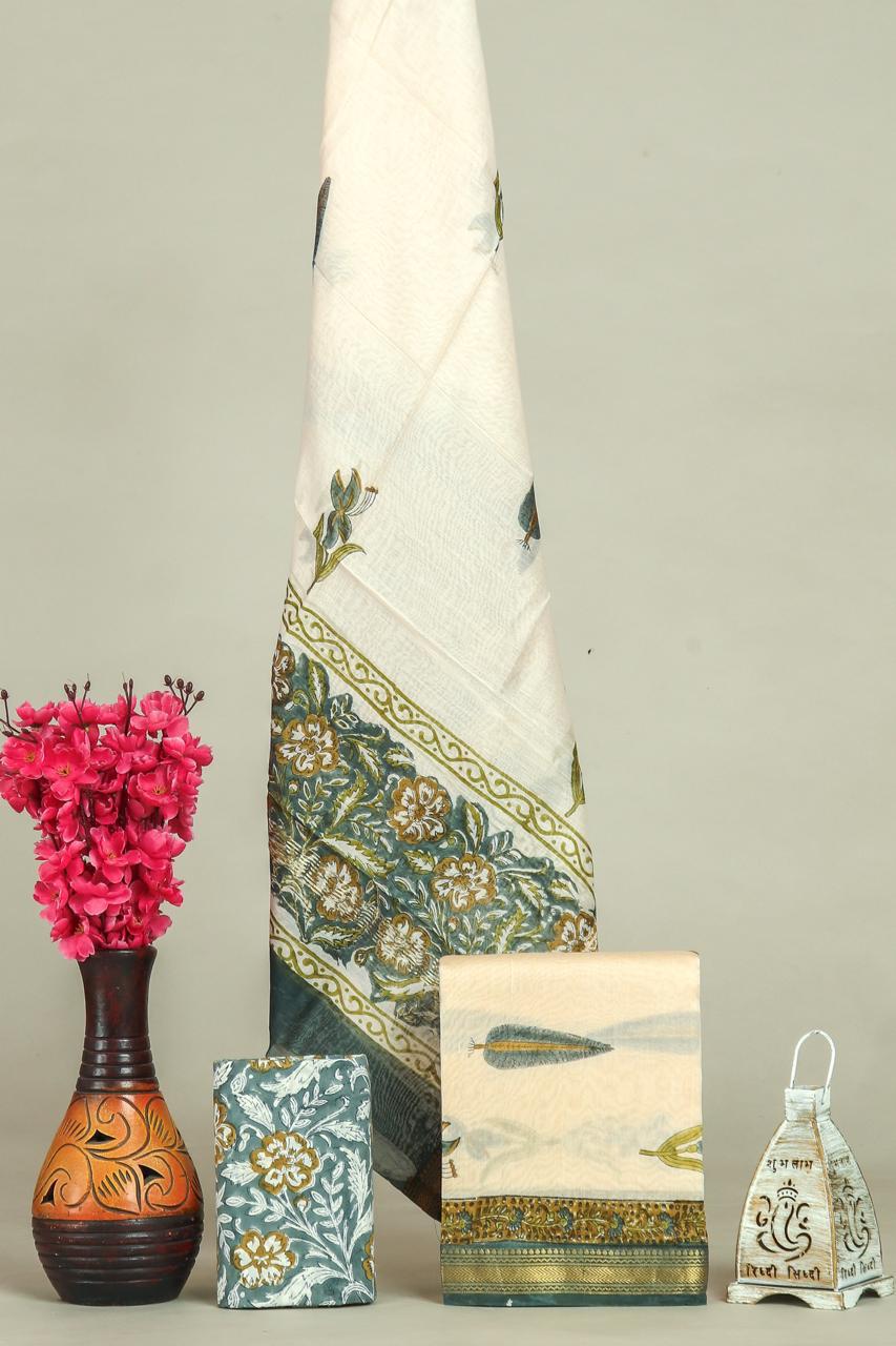 Hand block printed maheshwari silk suit with silk duppata ms04