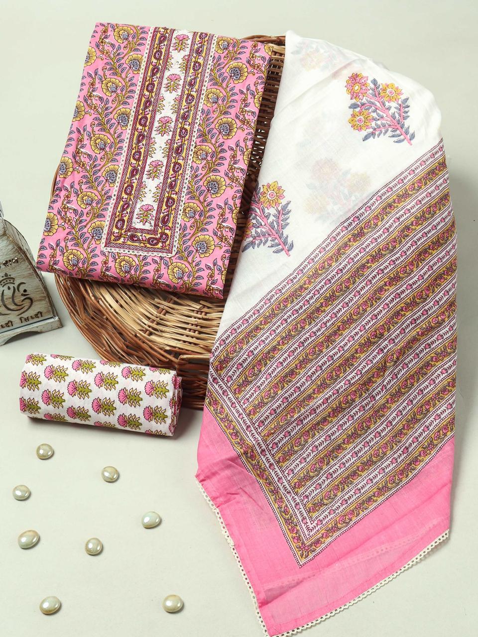 Handblock Printed Gotta tye neck work Cotton Suit with Cotton Dupatta GCS13