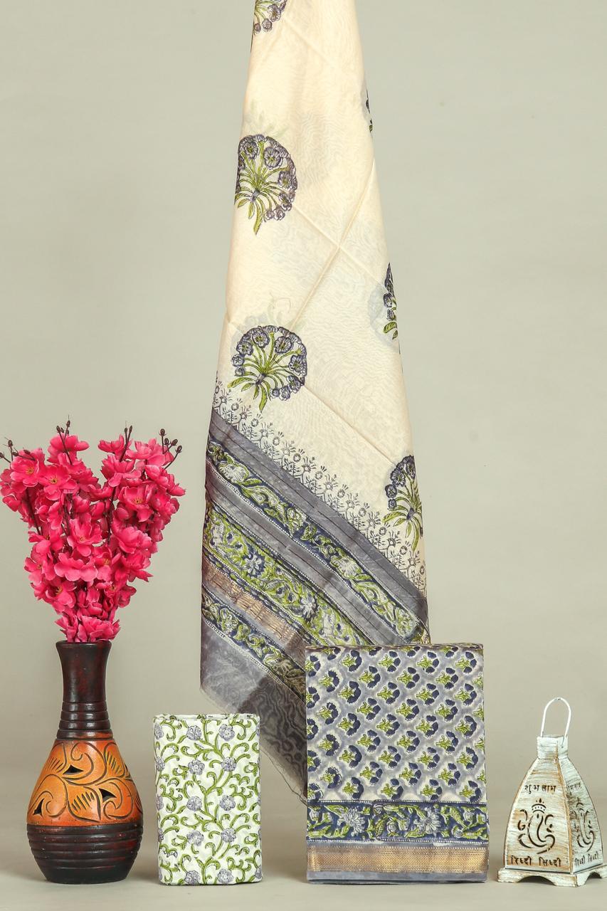 Hand block printed maheshwari silk suit with silk duppata ms05