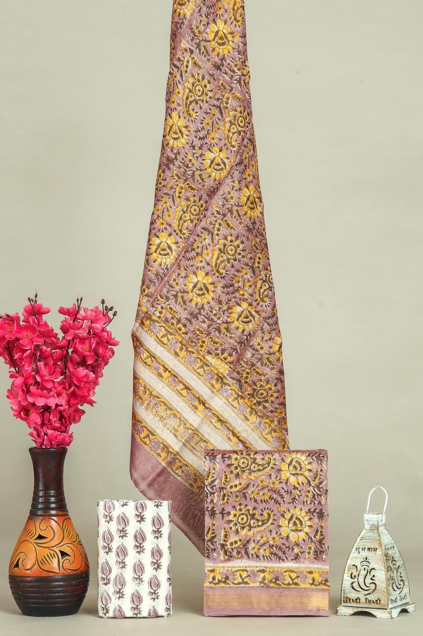 Hand block printed maheshwari silk suit with silk duppata