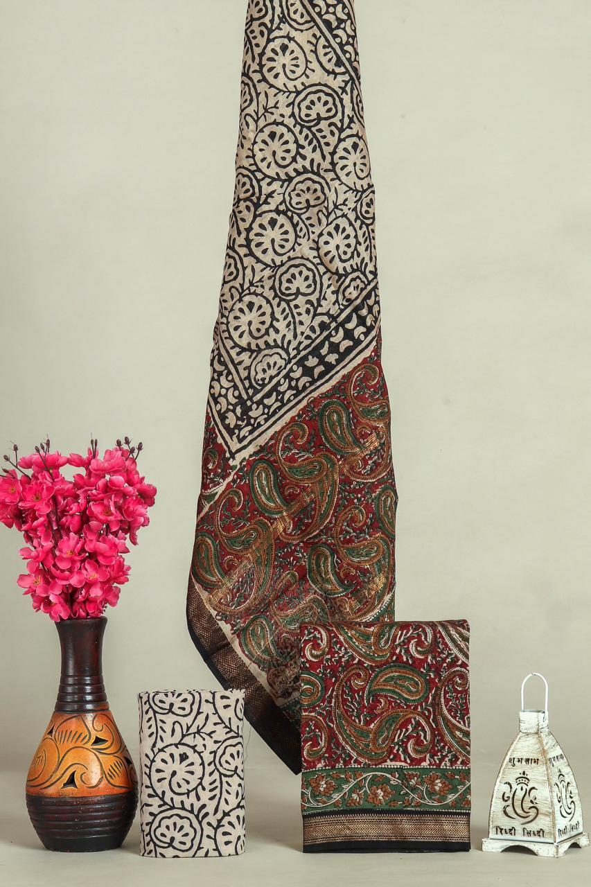 Hand block printed maheshwari silk suit with silk duppata ms23