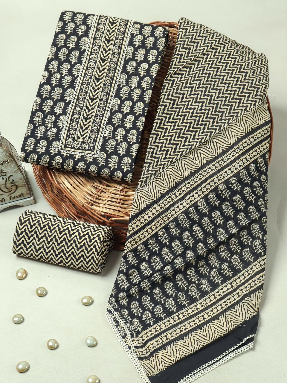 Handblock Print Gotta tye neck work Cotton Suit with Cotton Dupatta GCS10