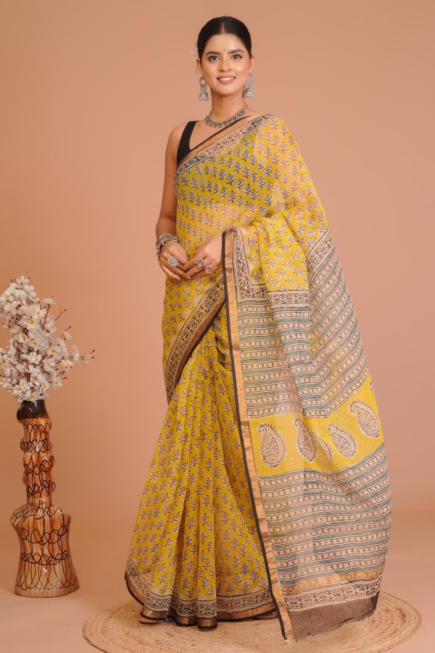 Hand Block Printed Kota Doriya Saree 19