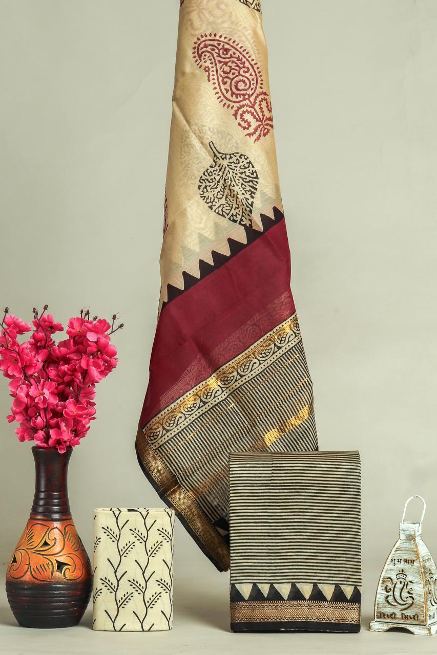 Hand block printed maheshwari silk suit with silk duppata ms19