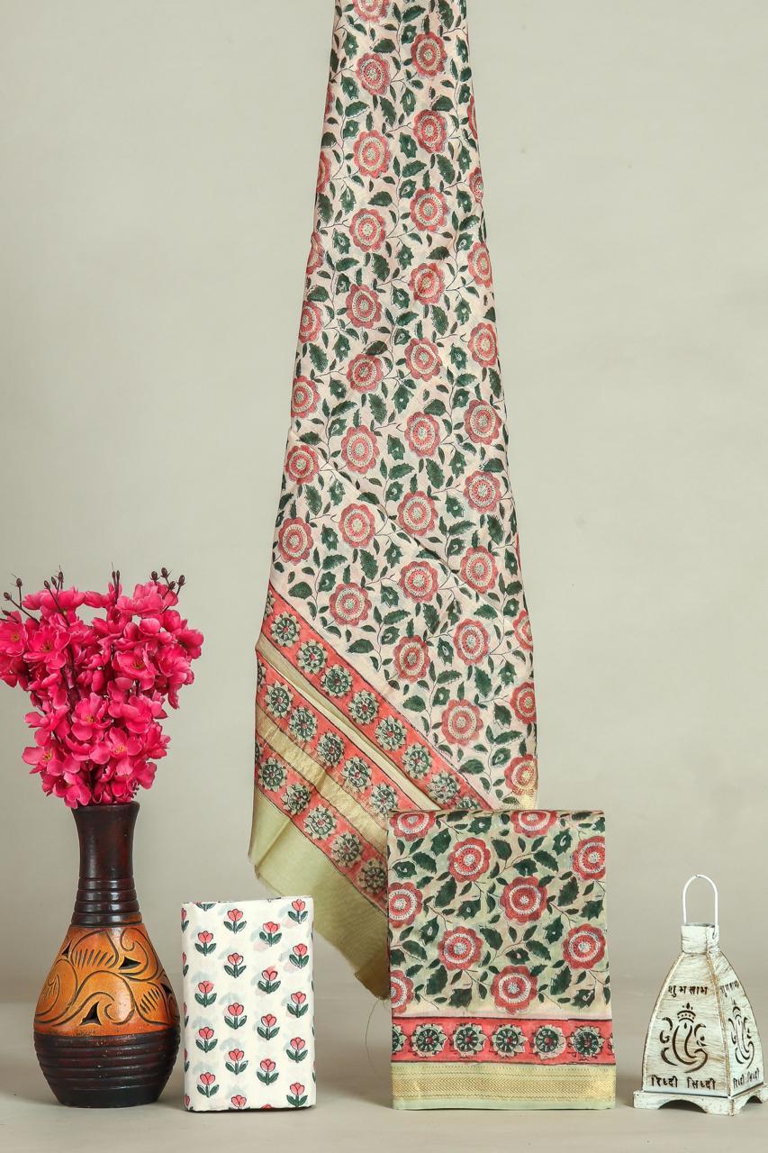 Hand block printed maheshwari silk suit with silk duppata ms11