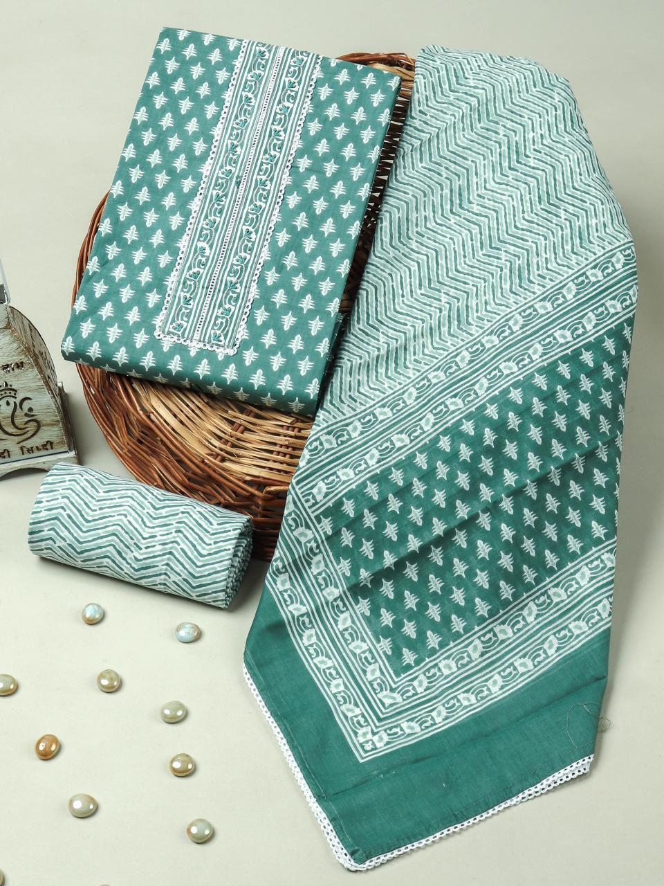 Handblock Printed Gotta tye neck work Cotton Suit with Cotton Dupatta GCS14