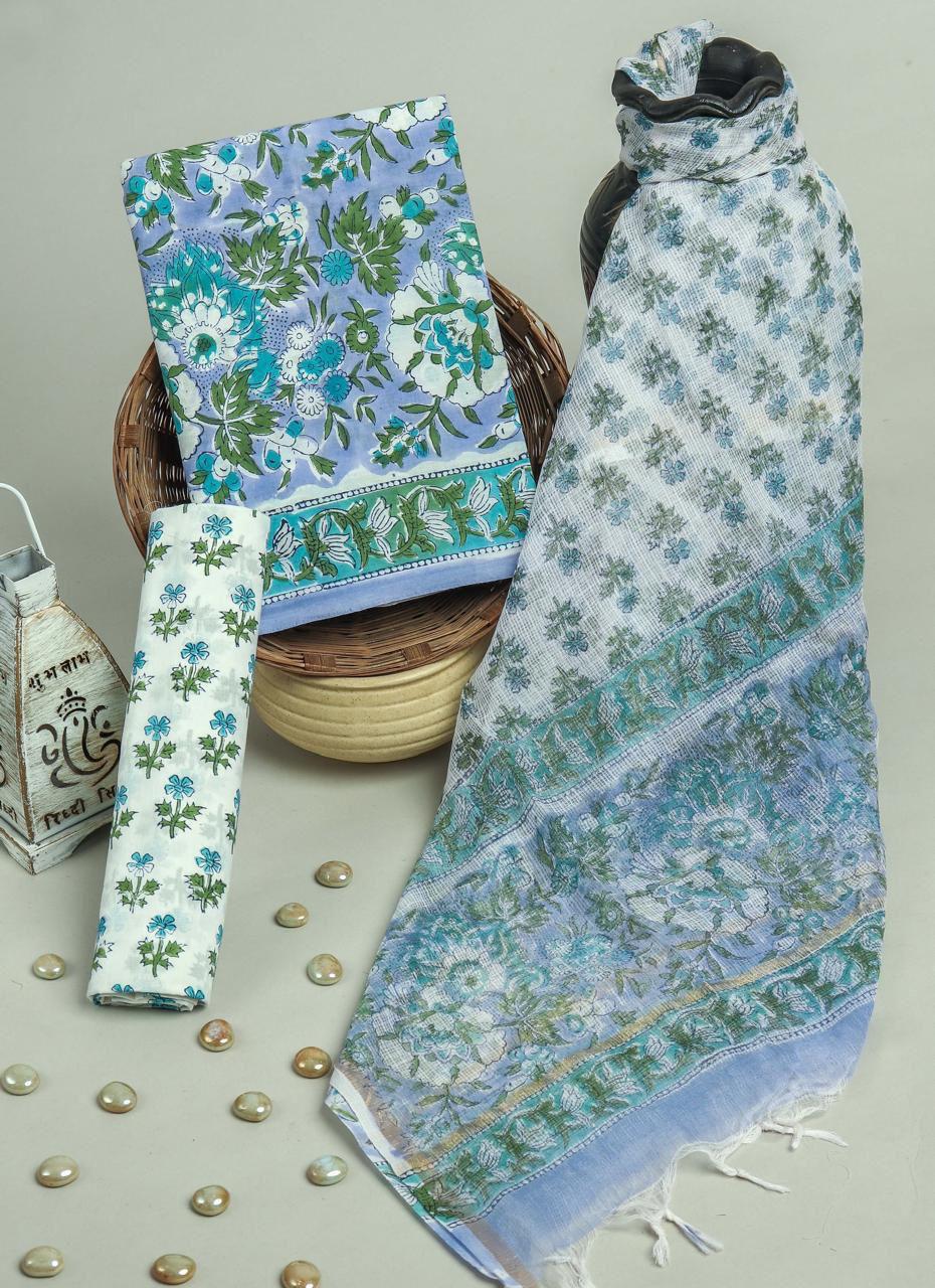 Aqua Bloom Cotton Suit with Kota Dupatta