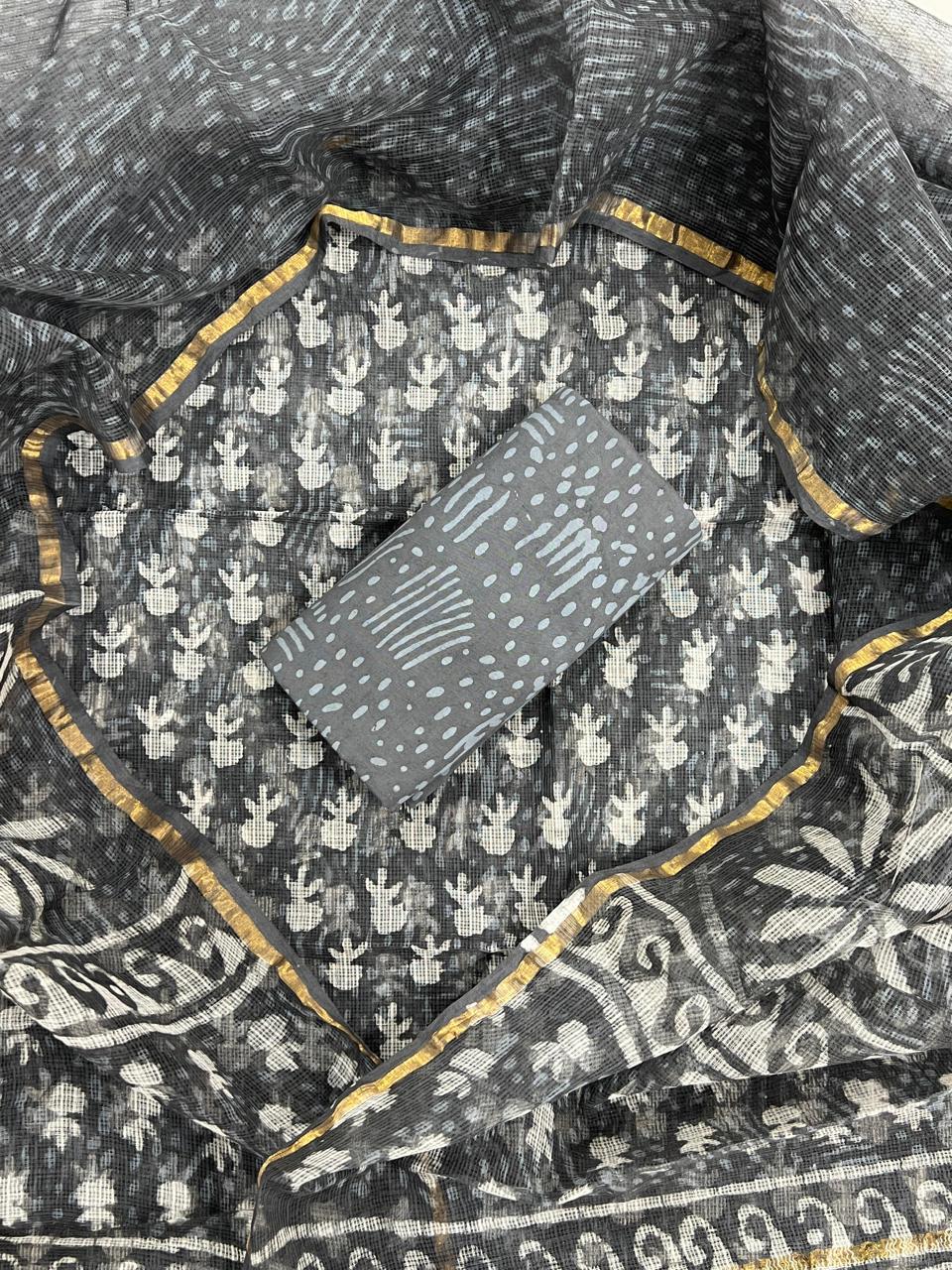 Charcoal Grey Bagru Hand Block Printed Kota Doriya Suit Set with Zari Border Dupatta