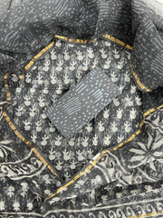 Charcoal Grey Bagru Hand Block Printed Kota Doriya Suit Set with Zari Border Dupatta