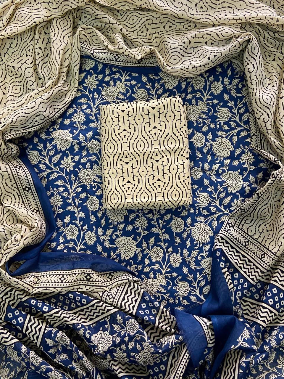 Exclusive Hand Block Printed Cotton Dress Material with Cotton Dupatta