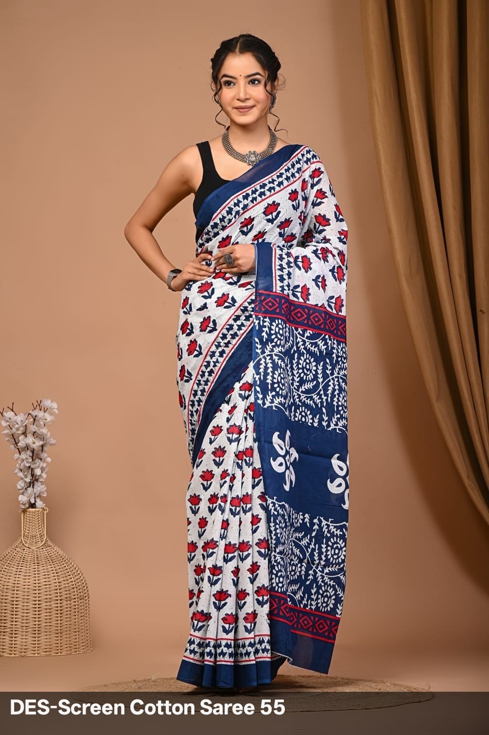 Cotton Mulmul Printed Saree with Attached Printed Blouse