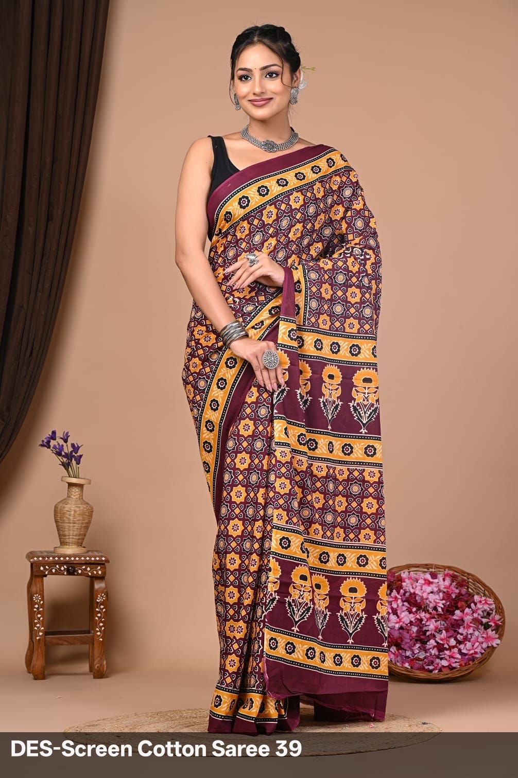 Cotton Mulmul Printed Saree with Attached Printed Blouse