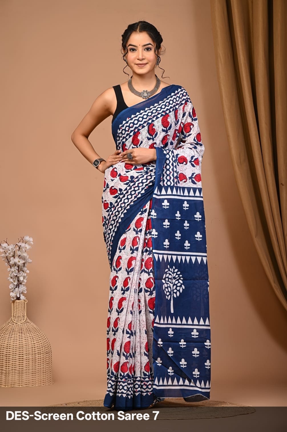Cotton Mulmul Printed Saree with Attached Printed Blouse