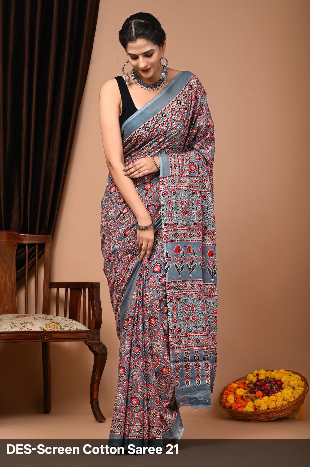 Cotton Mulmul Printed Saree with Attached Printed Blouse