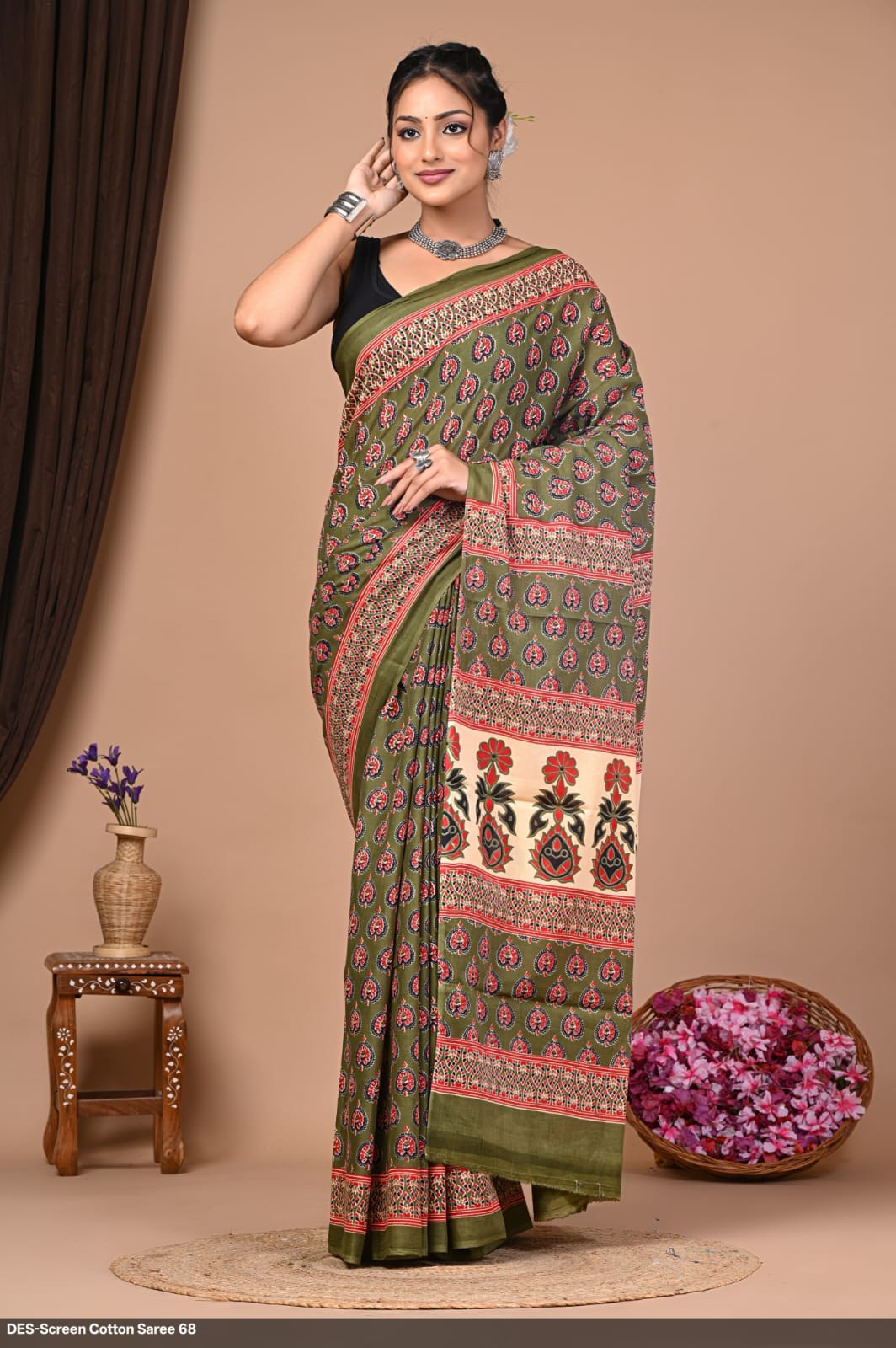 Cotton Mulmul Printed Saree with Attached Printed Blouse