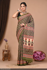 Cotton Mulmul Printed Saree with Attached Printed Blouse