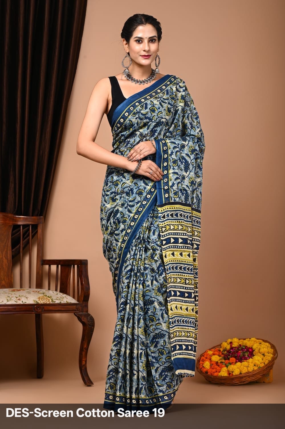 Cotton Mulmul Printed Saree with Attached Printed Blouse