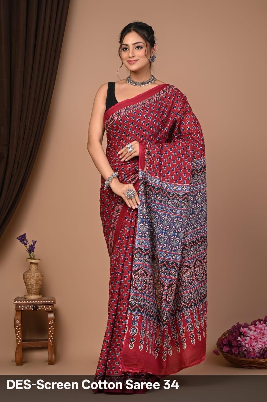 Cotton Mulmul Printed Saree with Attached Printed Blouse