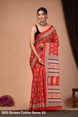 Cotton Mulmul Printed Saree with Attached Printed Blouse