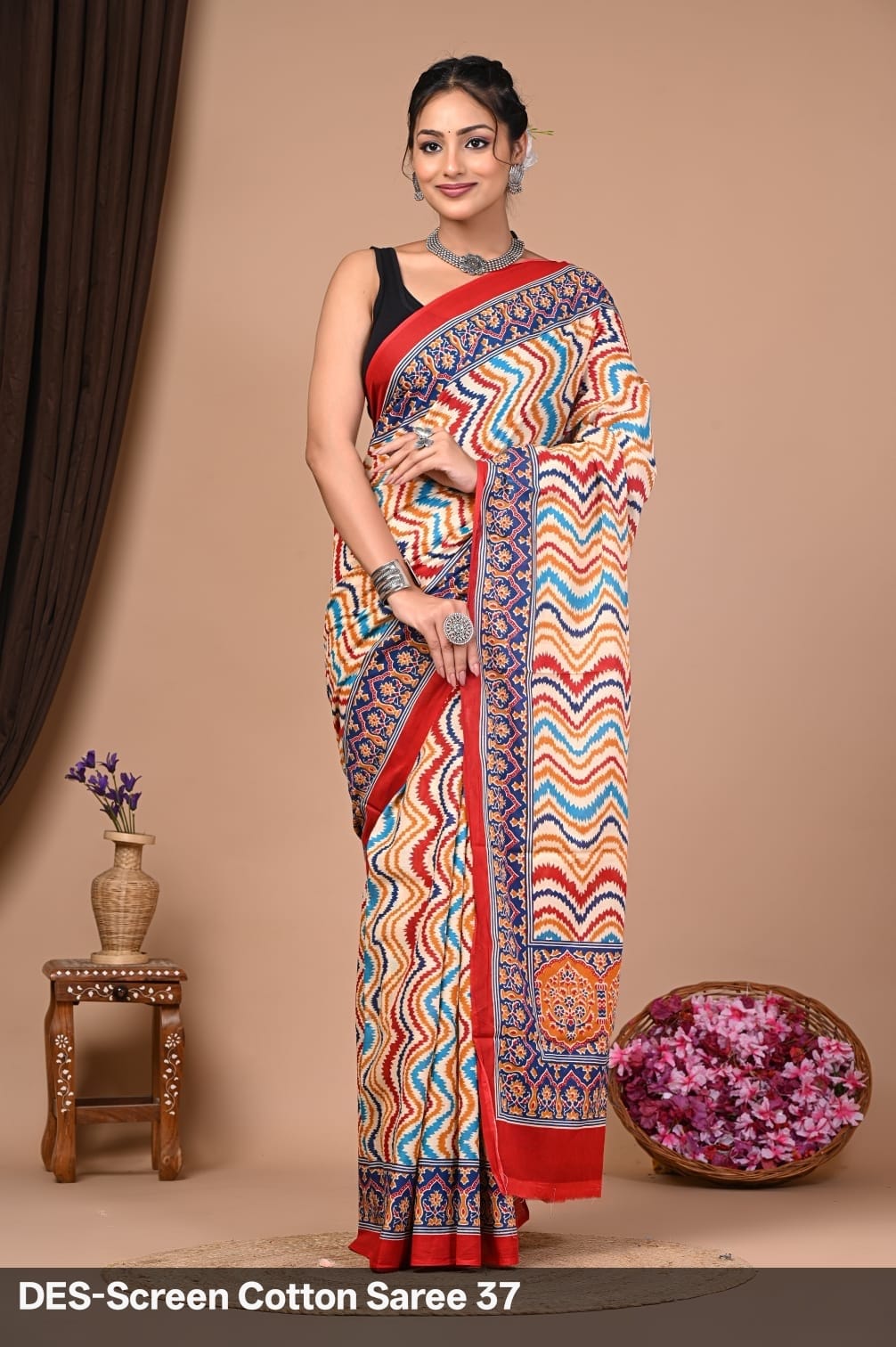 Cotton Mulmul Printed Saree with Attached Printed Blouse